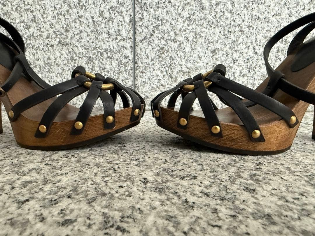 DOLCE & GABBANA Wood Sole Gold Studded Sandals Black Leather Women Size 35