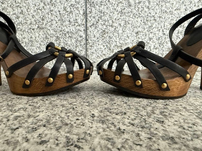 DOLCE & GABBANA Wood Sole Gold Studded Sandals Black Leather Women Size 35