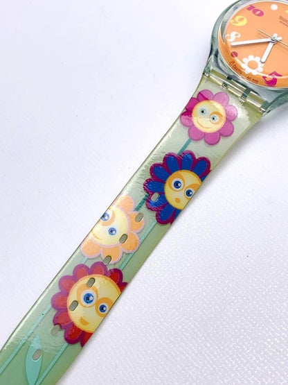 T612 Swatch Watch Quartz Orange Dial Floral Flower There is a name written Used