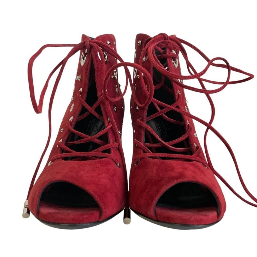 HERMES Suede Open Toe Lace-Up Bootie Short Boots 36 Approx. 9.1"" Red Women USED