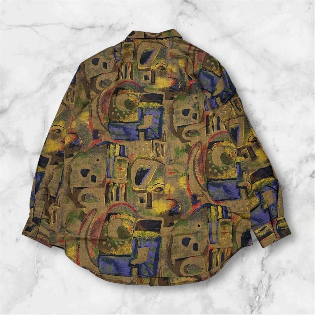 VINTAGE Art Print Shirt with Shoulder Pads, All-Over Pattern, Long Sleeve, Showa
