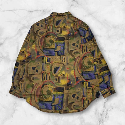 VINTAGE Art Print Shirt with Shoulder Pads, All-Over Pattern, Long Sleeve, Showa