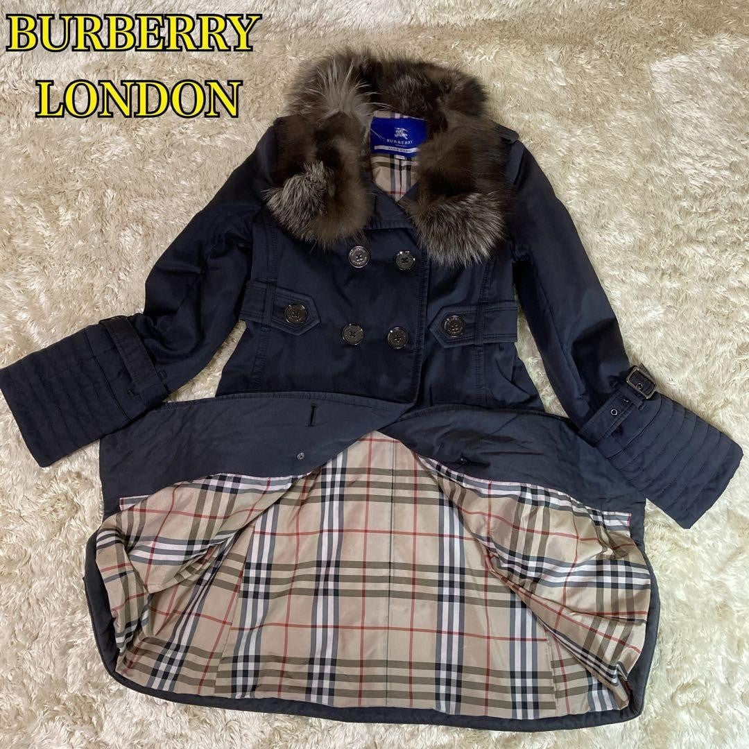 Burberry Blue Label Flare Trench Coat Nova Check Fox Fur Trim Size 38 #EK BBA
