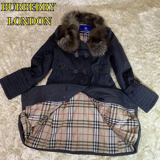 Burberry Blue Label Flare Trench Coat Nova Check Fox Fur Trim Size 38 #EK BBA