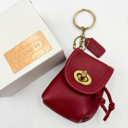 COACH Red Mini Coin Purse Keychain Turn Lock Leather Charm w/Box Vintage Japan