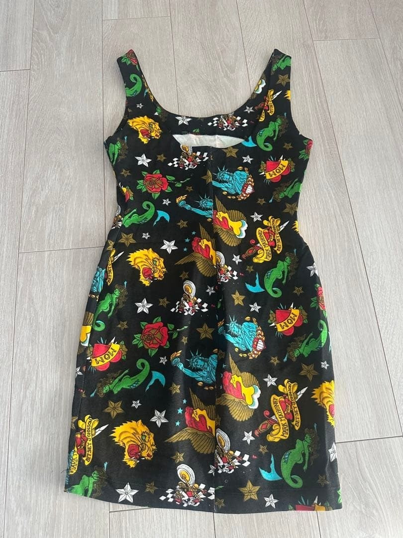 Vintage Betsey Johnson Tattoo Print Jersey Mini Dress Stretchy Bodycon Style M
