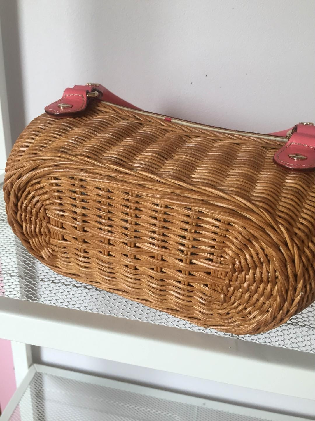 Kate Spade Pink Leather Straw Basket Bag Magnetic Closure Lid Handbag YBa0277