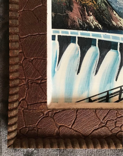 Landscape Painting: Oil Painting of a Dam and Mountains, Framed