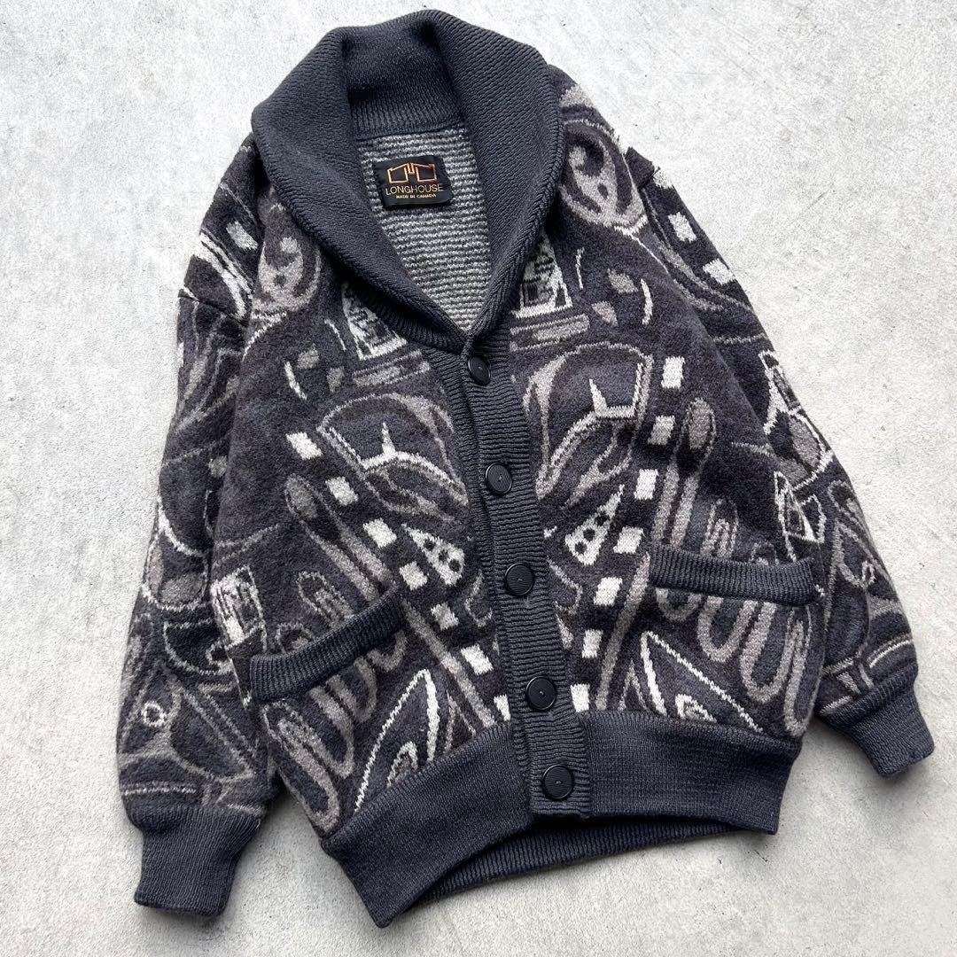 VINTAGE LONGHOUSE Thick Knit Cardigan Sweater Black L