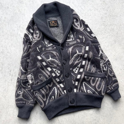 VINTAGE LONGHOUSE Thick Knit Cardigan Sweater Black L