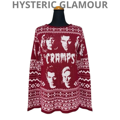 HYSTERIC GLAMOUR Women Knit Sweater Burgundy Cramps Design Rare Used Vintage JPN