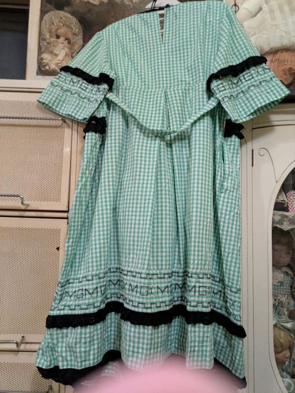 Molly Goddard Green Checkered Dress Black Lace V-Neck Embroidered