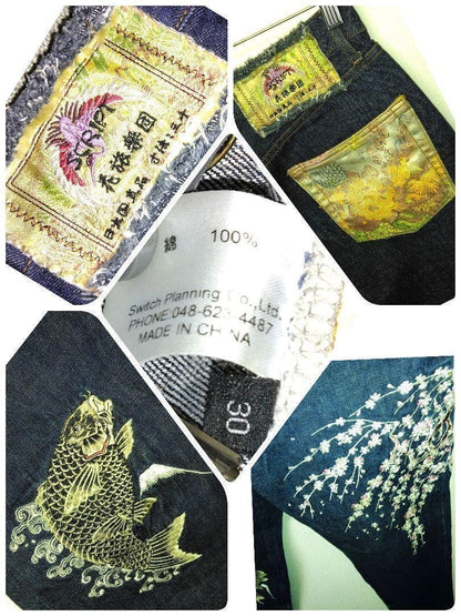 Hanatabi Gakudan Men's Denim Jeans Pants Koi Sakura Embroidered Blue 30