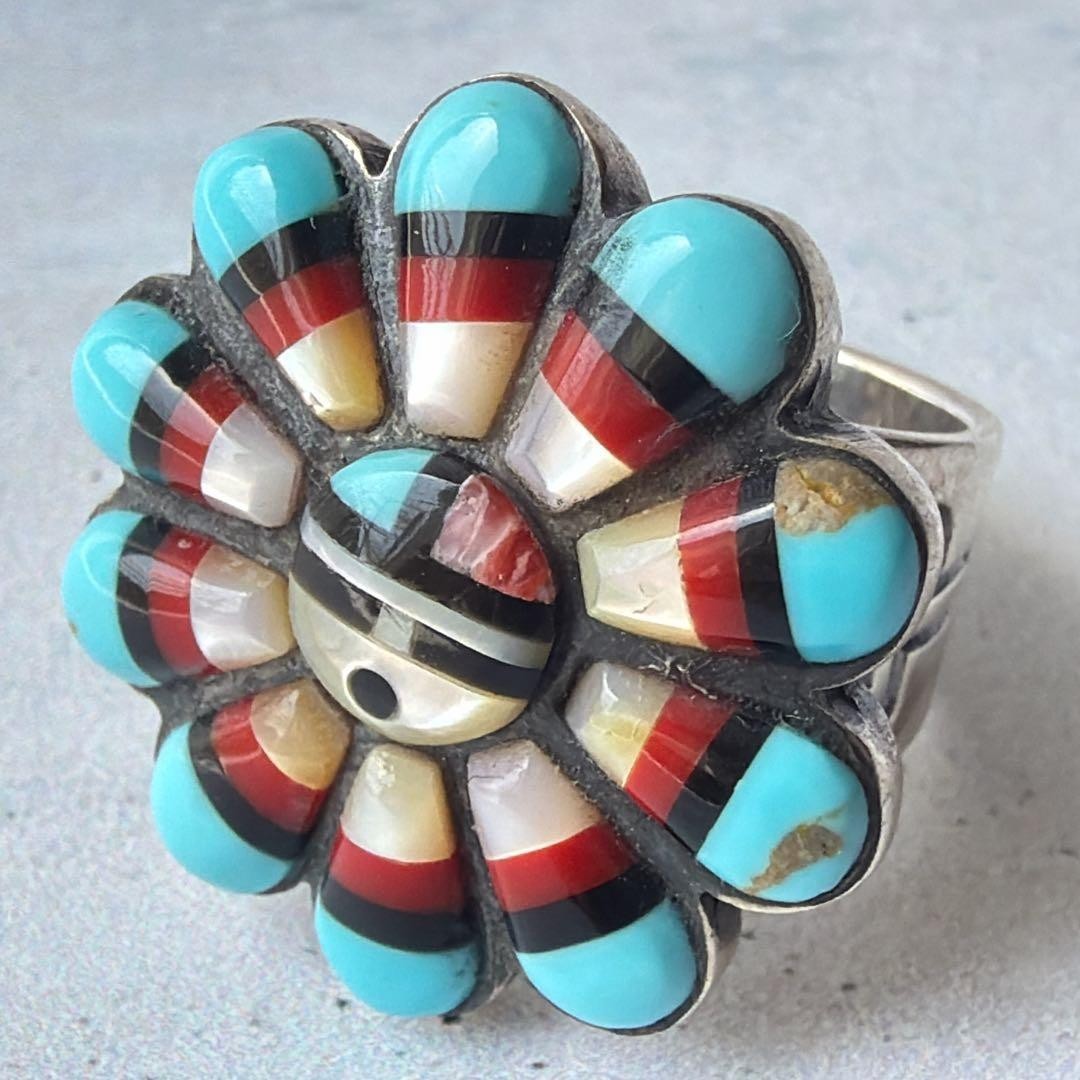 Zuni Sun God Sun Face Inlay Ring, US Size 8.5-9