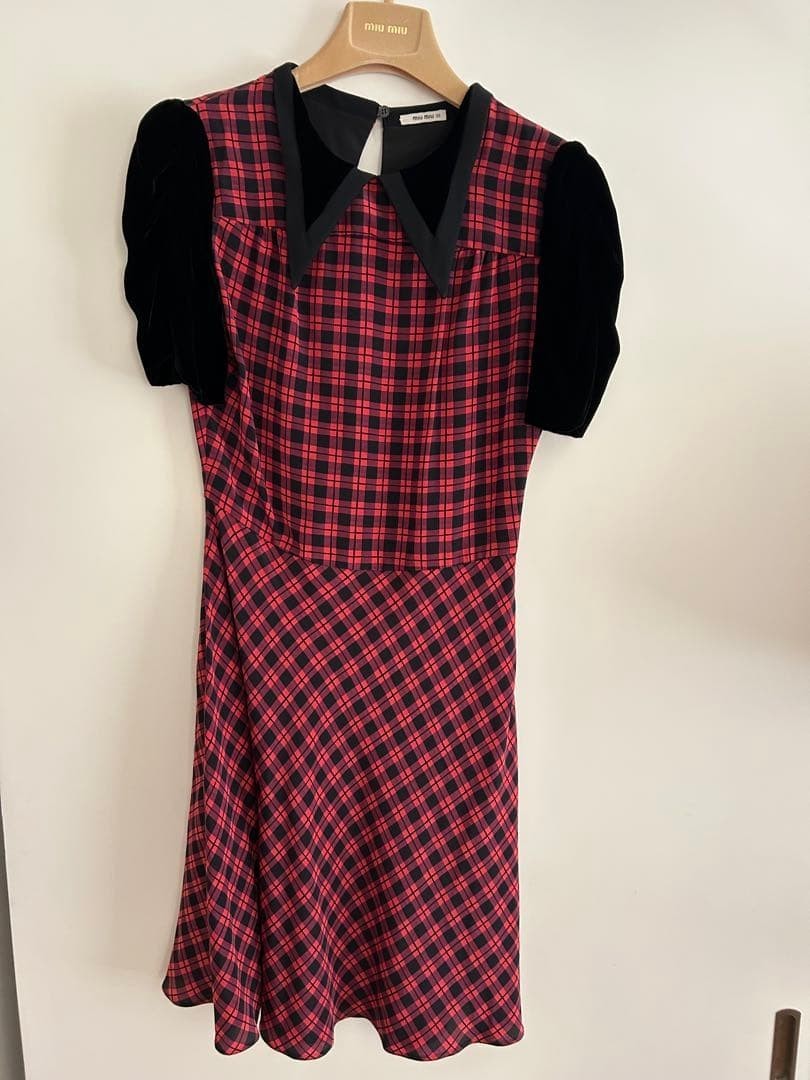 Miu Miu Dress Size 38 Black Red Check Velvet Detail Flare Excellent Condition