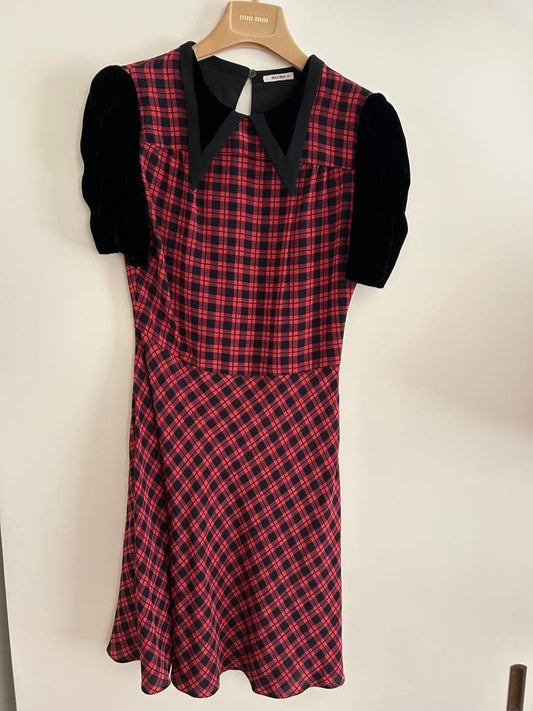 Miu Miu Dress Size 38 Black Red Check Velvet Detail Flare Excellent Condition