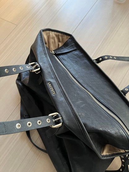 Lacoste Women Black Leather Tote Bag Shoulder Limited Edition Rare french Fashio