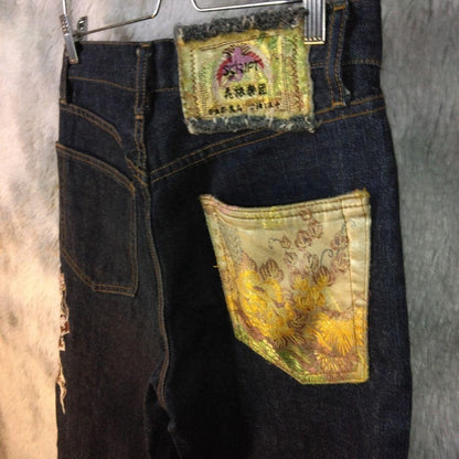 Hanatabi Gakudan Men's Denim Jeans Pants Koi Sakura Embroidered Blue 30