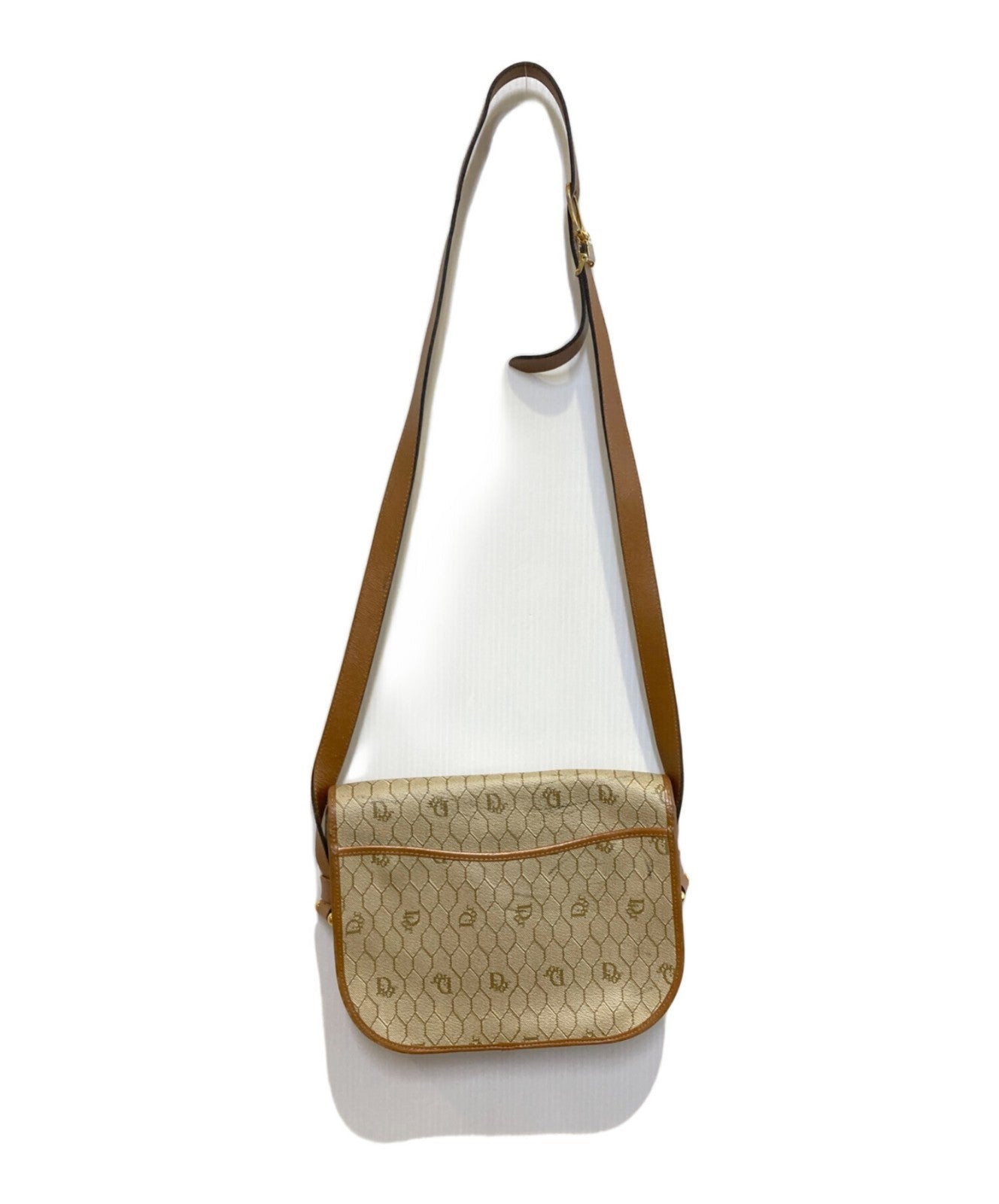 Dior Honeycomb Shoulder Crossbody Bag Beige Canvas Leather Vintage Auth 1121
