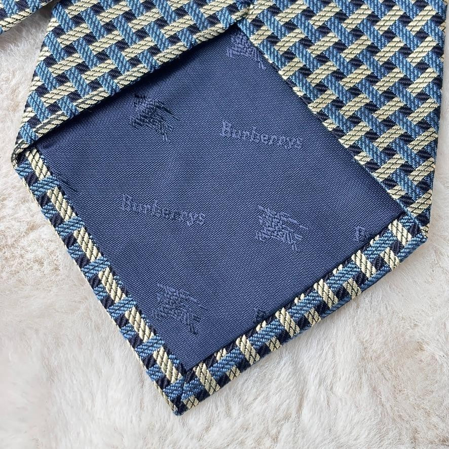 Burberry Unused Silk Tie Horse Check Blue Yellow Navy Elegant Condition
