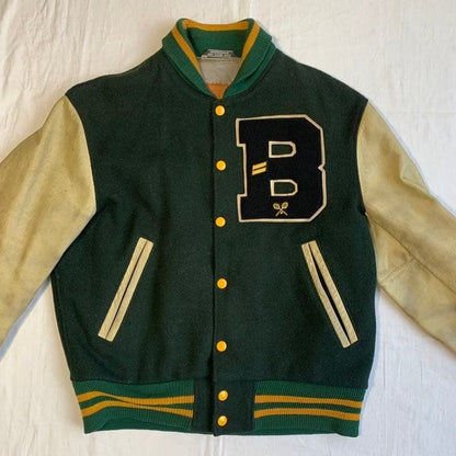 Vintage USA-made Golden Bear leather sleeve stadium jacket