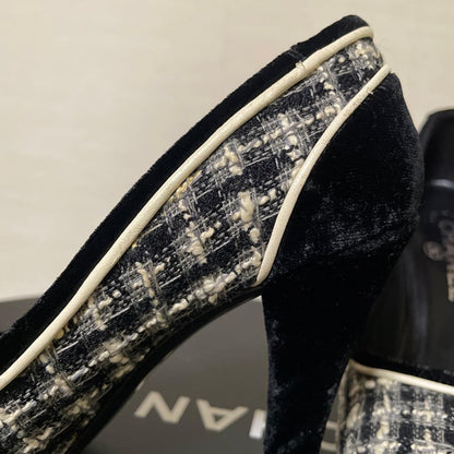 CHANEL Shoes Pumps Heel EU 36 US 6 Tweed Black White Authentic