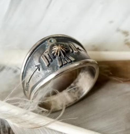 Thunderbird Ring, Native American Style, Thick Band, Engraved
