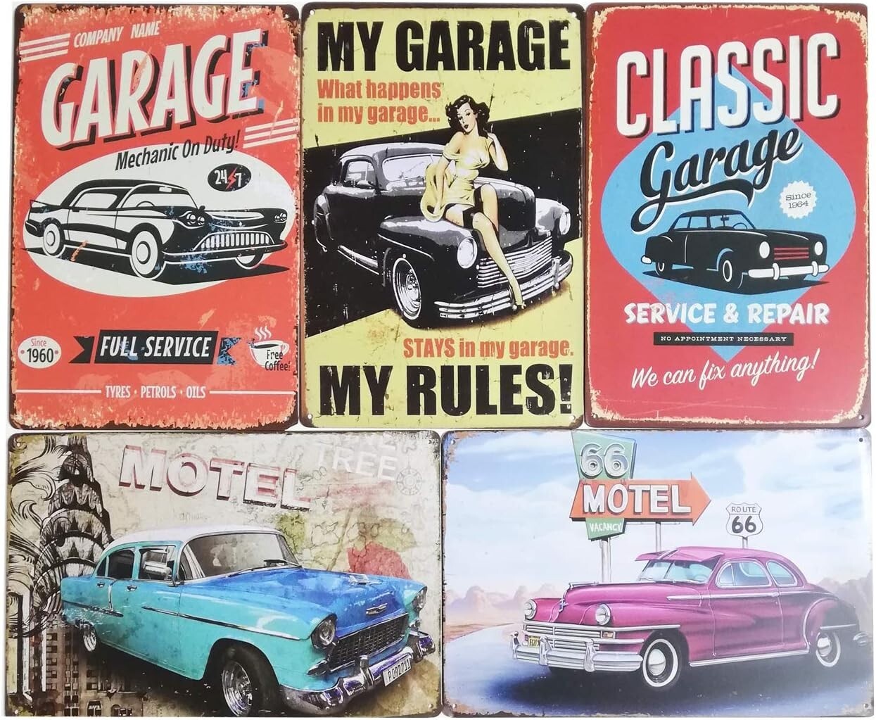 HIRO WORLD TRADE Tin plate sign, set of 5, antique retro garage sign (car)