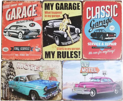 HIRO WORLD TRADE Tin plate sign, set of 5, antique retro garage sign (car)