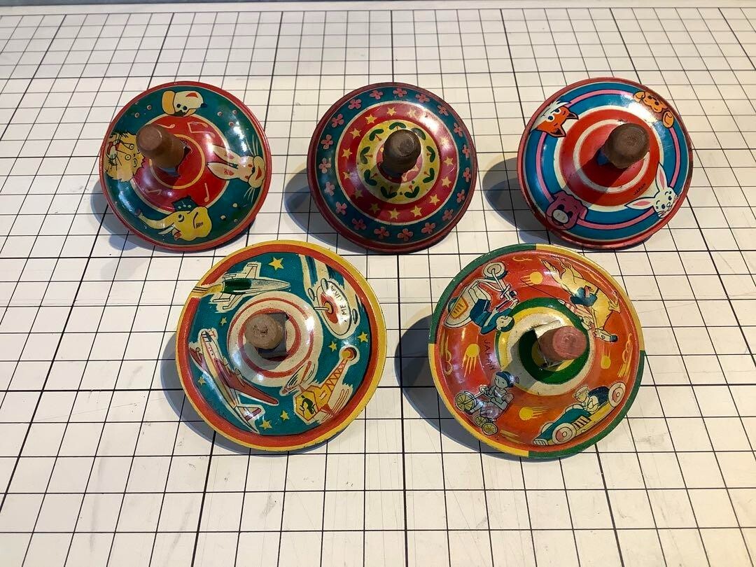 Vintage Japanese Tin Toy Spinning Tops Set of 5, 55mm, Collector's Item