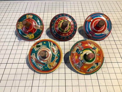 Vintage Japanese Tin Toy Spinning Tops Set of 5, 55mm, Collector's Item