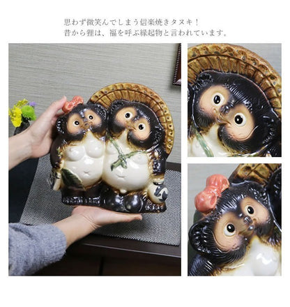 Shigaraki Couple Raccoon Dog Tanuki Pottery Pair Japanese Good Luck Statue NEW