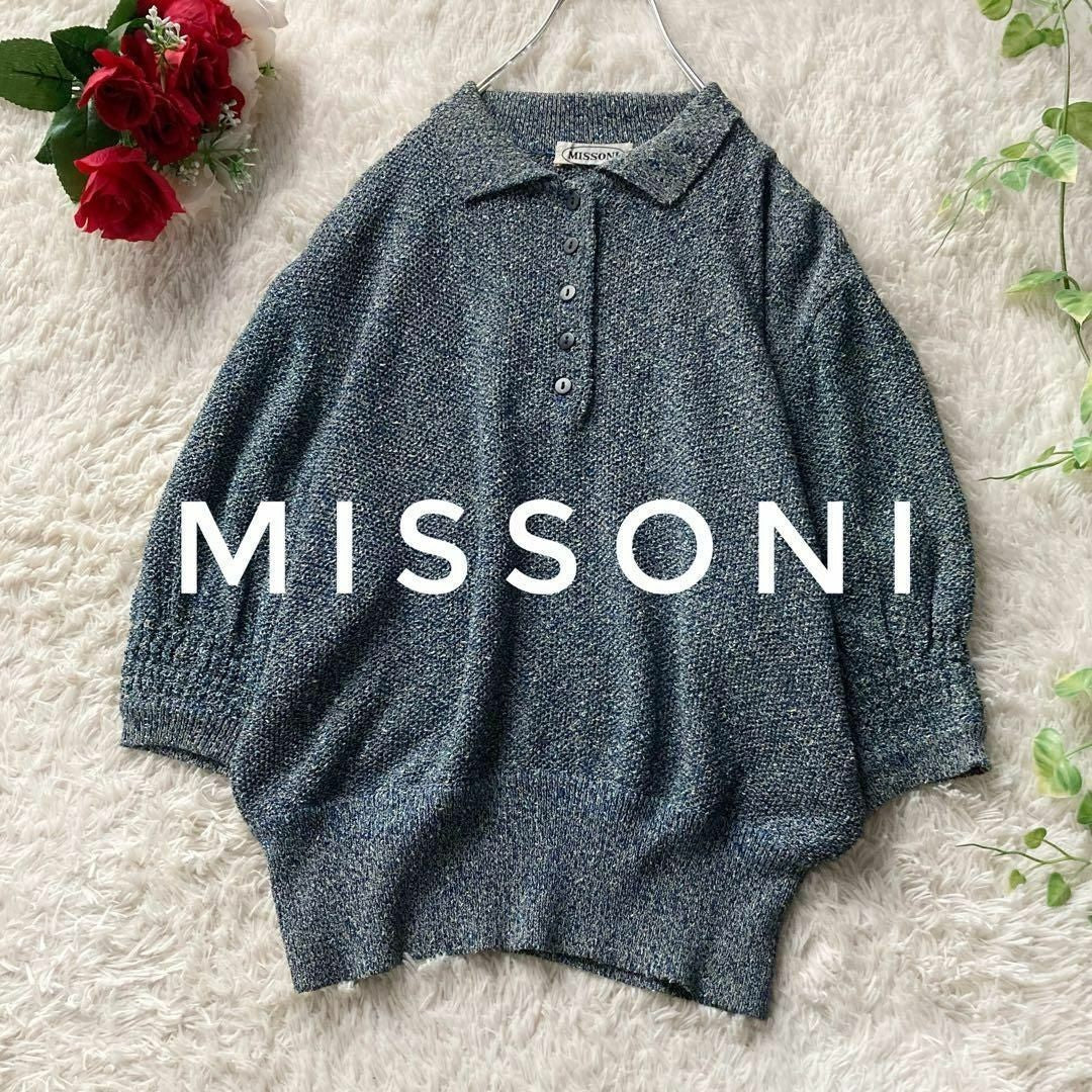 Missoni Women Vintage Summer Knit Polo Shirt Short Sleeve Blue Made In Italy 38