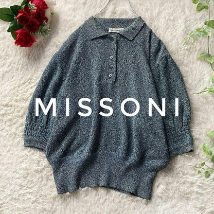 Missoni Women Vintage Summer Knit Polo Shirt Short Sleeve Blue Made In Italy 38
