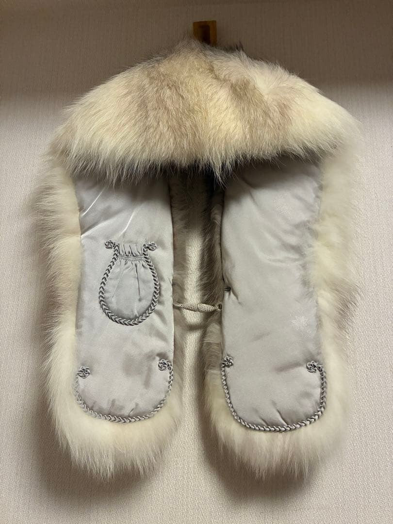 SAGA Gray & White Fur Stole with Embroidery - Excellent Condition