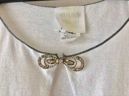 Anna Sui White Short Sleeve Cardigan XS Frill Ribbon Stickon Button Japan