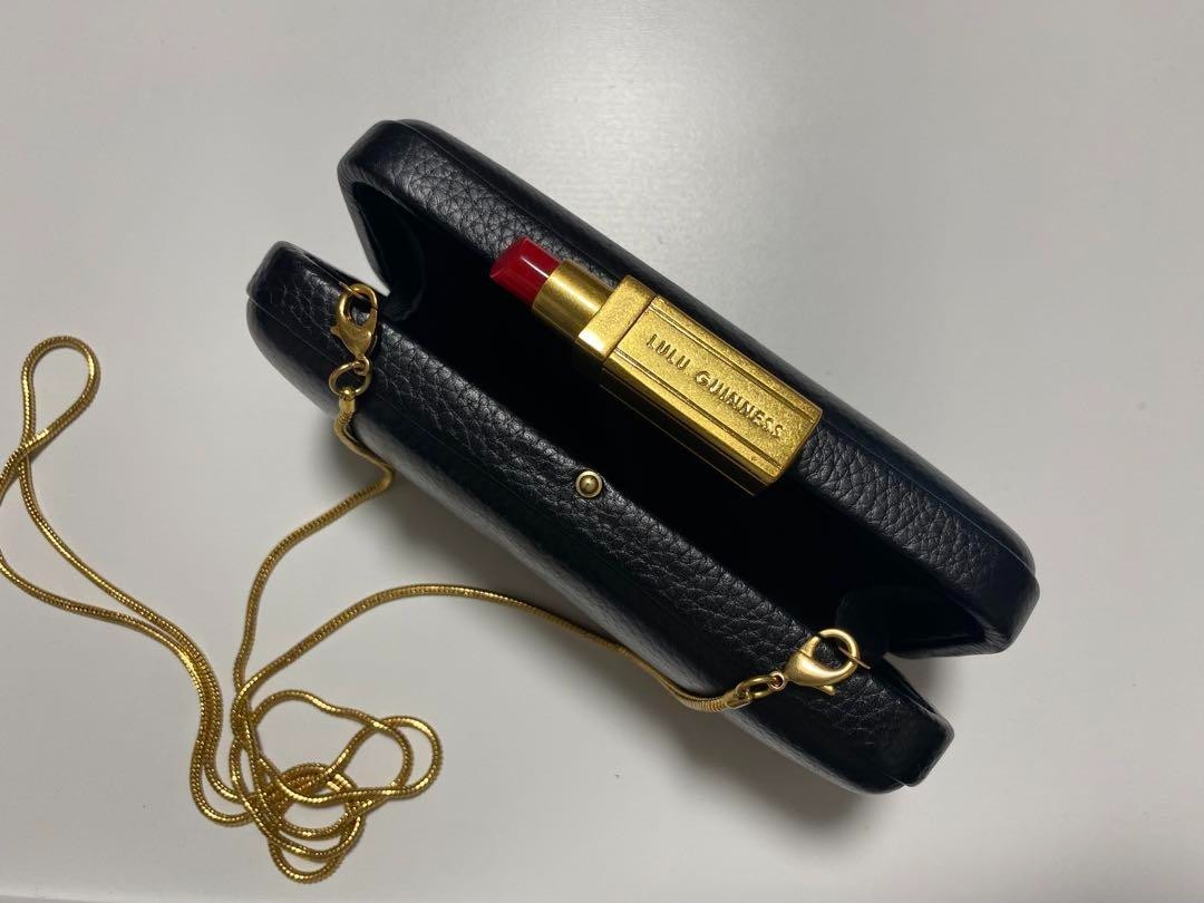 Lulu Guinness Lipstick Clasp Chain Shoulder Clutch Bag Purse BLK USED w/Dust Bag