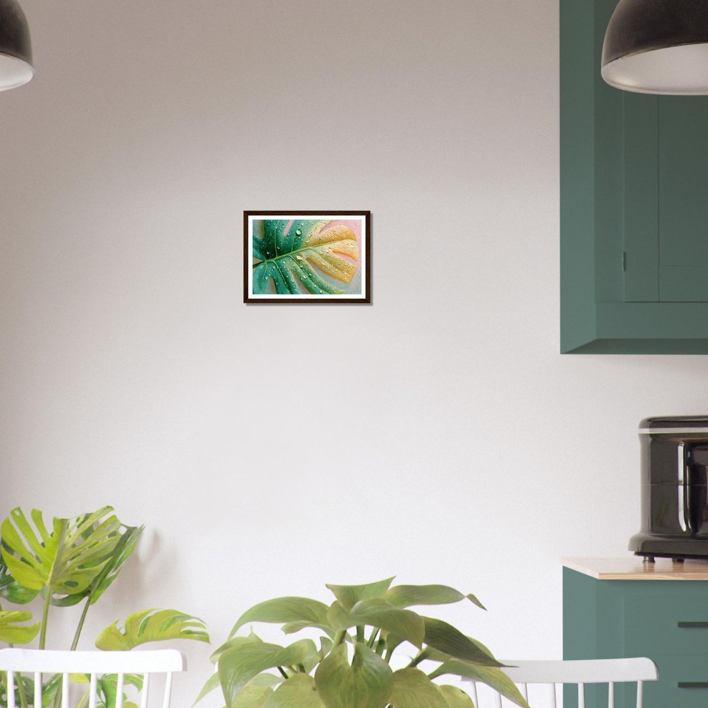 Droplets and Monstera Hawaiian art, wall hanging interior, limited edition.