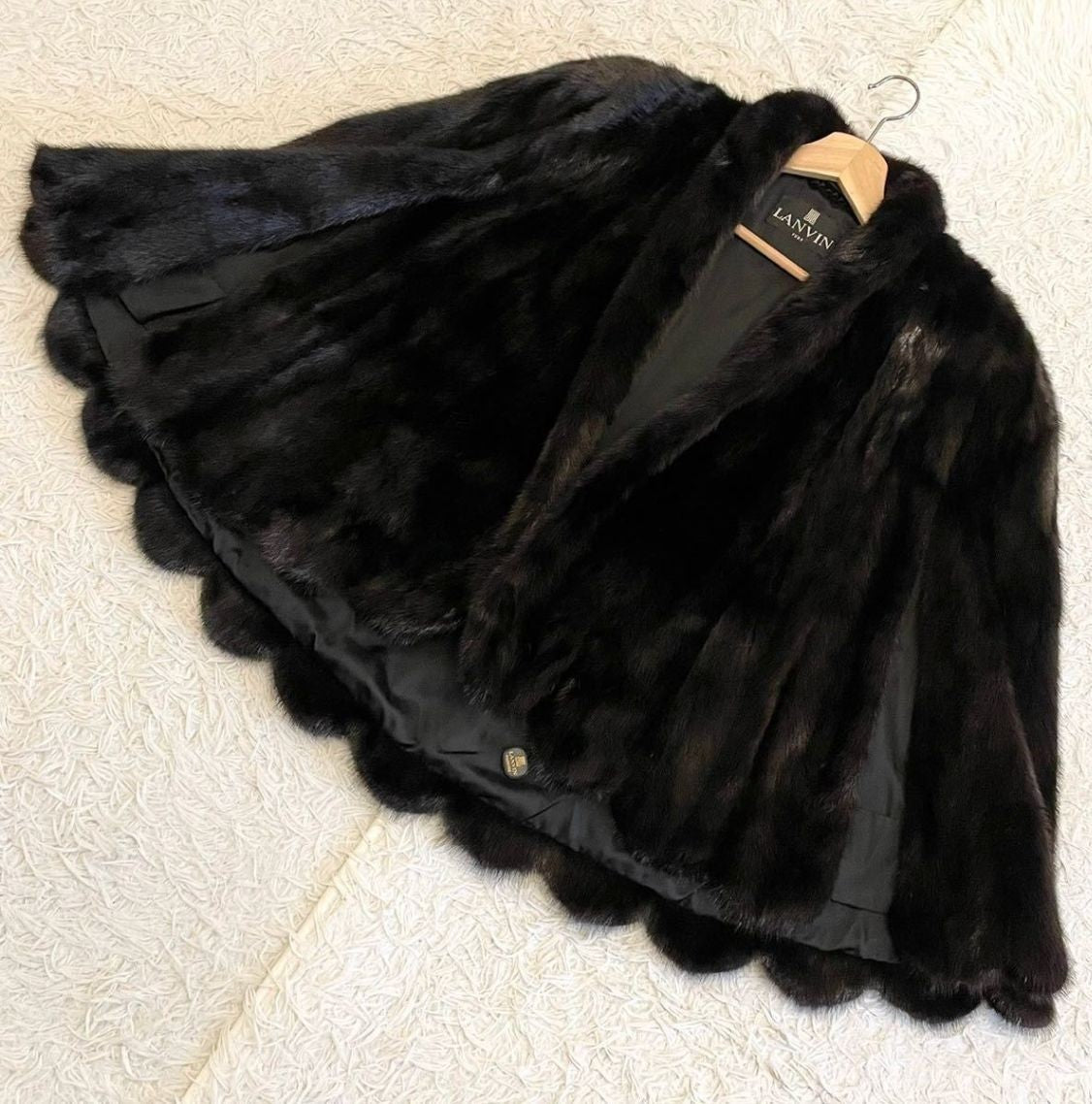 LANVIN Vintage Black Mink Real Fur Poncho Mantle Cape Coat Gold Saga Japan