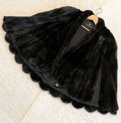 LANVIN Vintage Black Mink Real Fur Poncho Mantle Cape Coat Gold Saga Japan