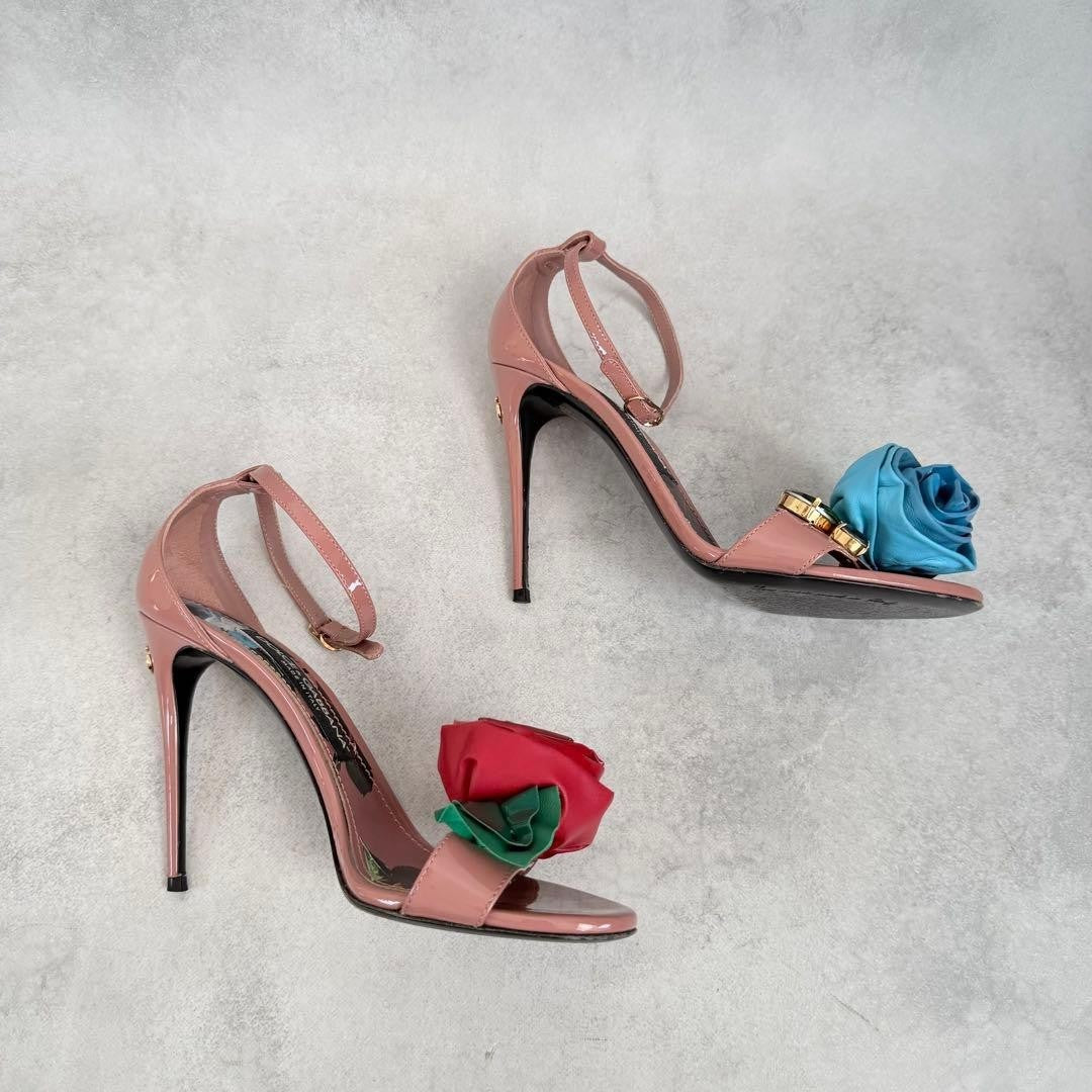 DOLCE & GABBANA Ankle Strap Rose Heels Sandals Women Size 37 US 7 Pink Red Blue