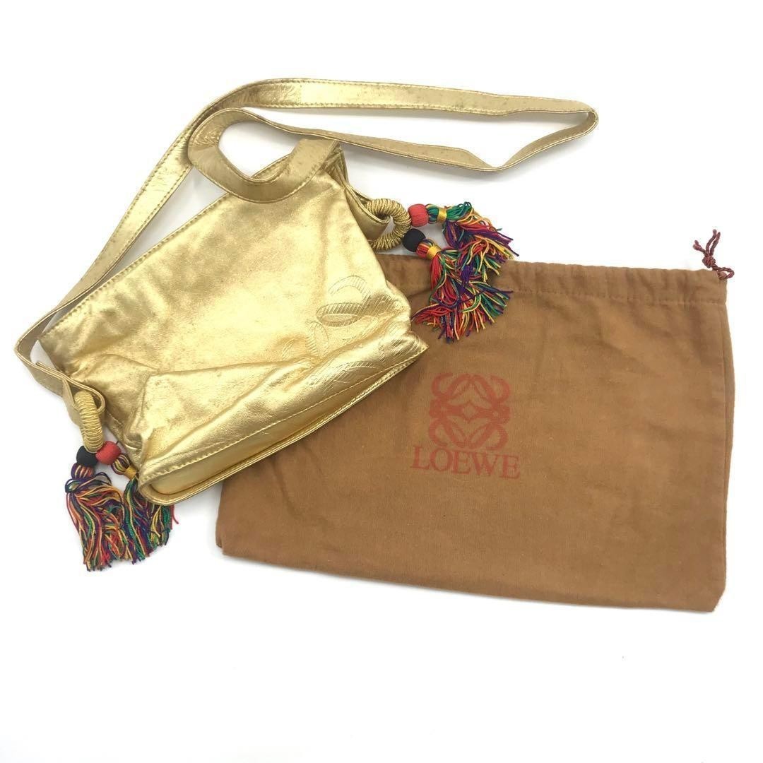 Authenticated LOEWE Nappa Flamenco Tassel Crossbody Gold Leather Bag Good
