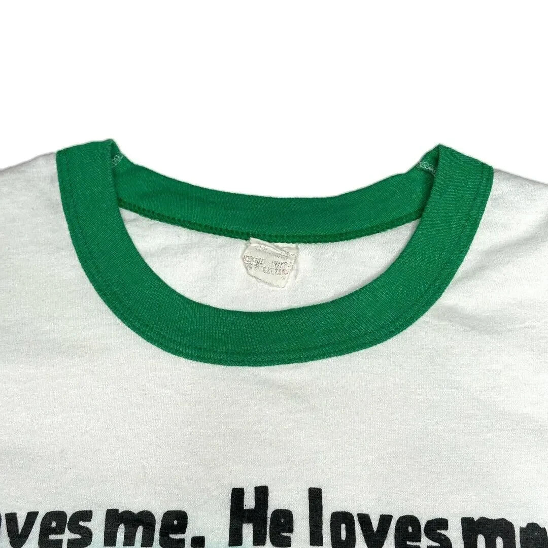 Rare 80s Jesus Devil Graphic T-Shirt He Loves Me Not VTG Screen Stars L