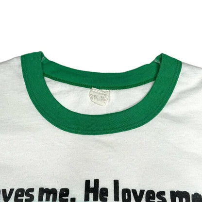 Rare 80s Jesus Devil Graphic T-Shirt He Loves Me Not VTG Screen Stars L