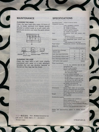 SONY WM-R2 Stereo Cassette Walkman, cleaned, includes instruction manual.