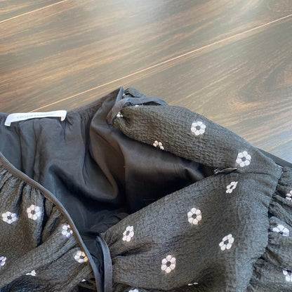 Cecilie Bahnsen Flower Embroidery flared midi skirt with ribbon Black UK6