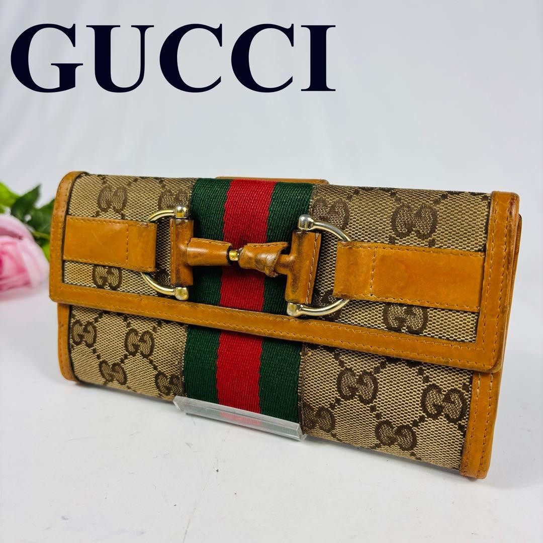 Gucci Long Wallet GG Hose bits Sherry Line Canvas Brown Authentic