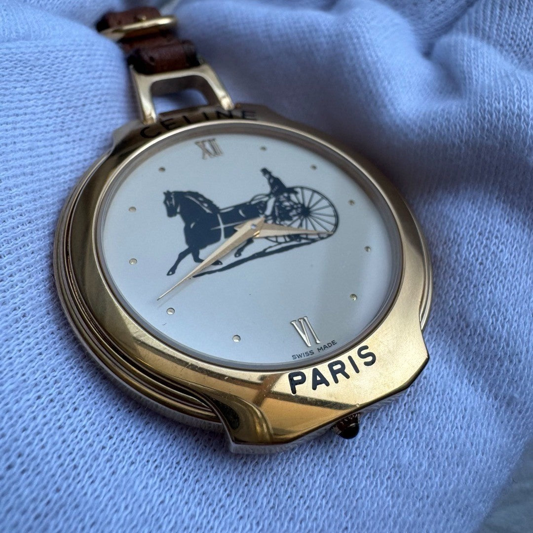 Ultra Rare CELINE Horse Carriage Gold Quartz Pocket Watch Vintage Authentic