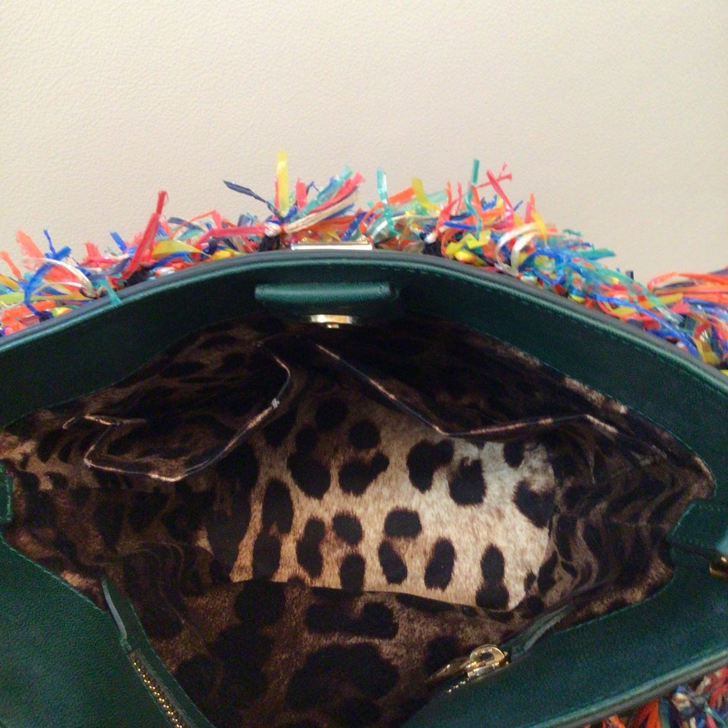 DOLCE & GABBANA Fringe Bucket Tote Bag Leather Green MultiColor DG Logo Women