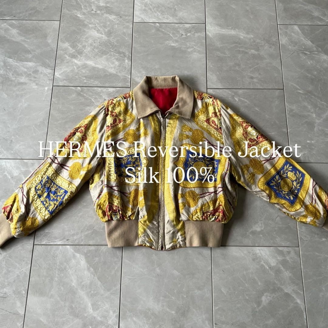 Hermes Vintage 80s Reversible Bomber Jacket Silk Red Authentic Rare Size 40/46